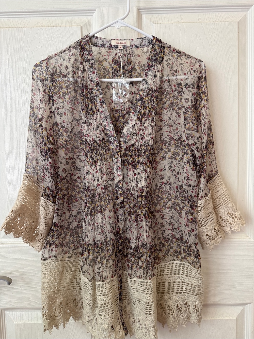 Sundance Floral 100% Silk  Sheer Lace-Trim Button up Blouse/ Boho/ Cottage core